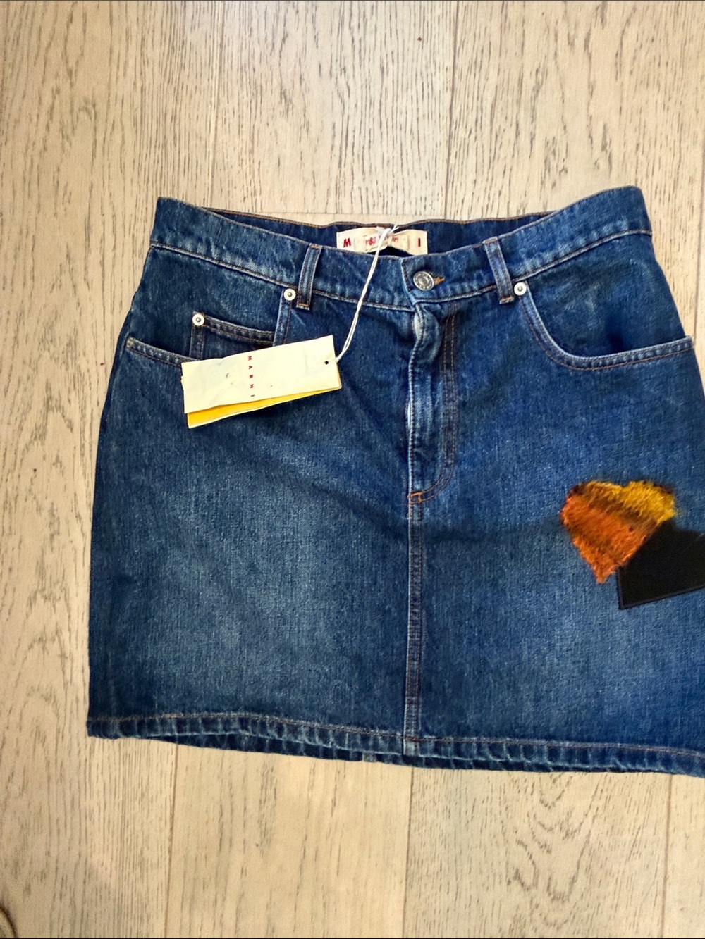 Marni Blue Denim Mini Skirt with Two-Tone Heart Patch